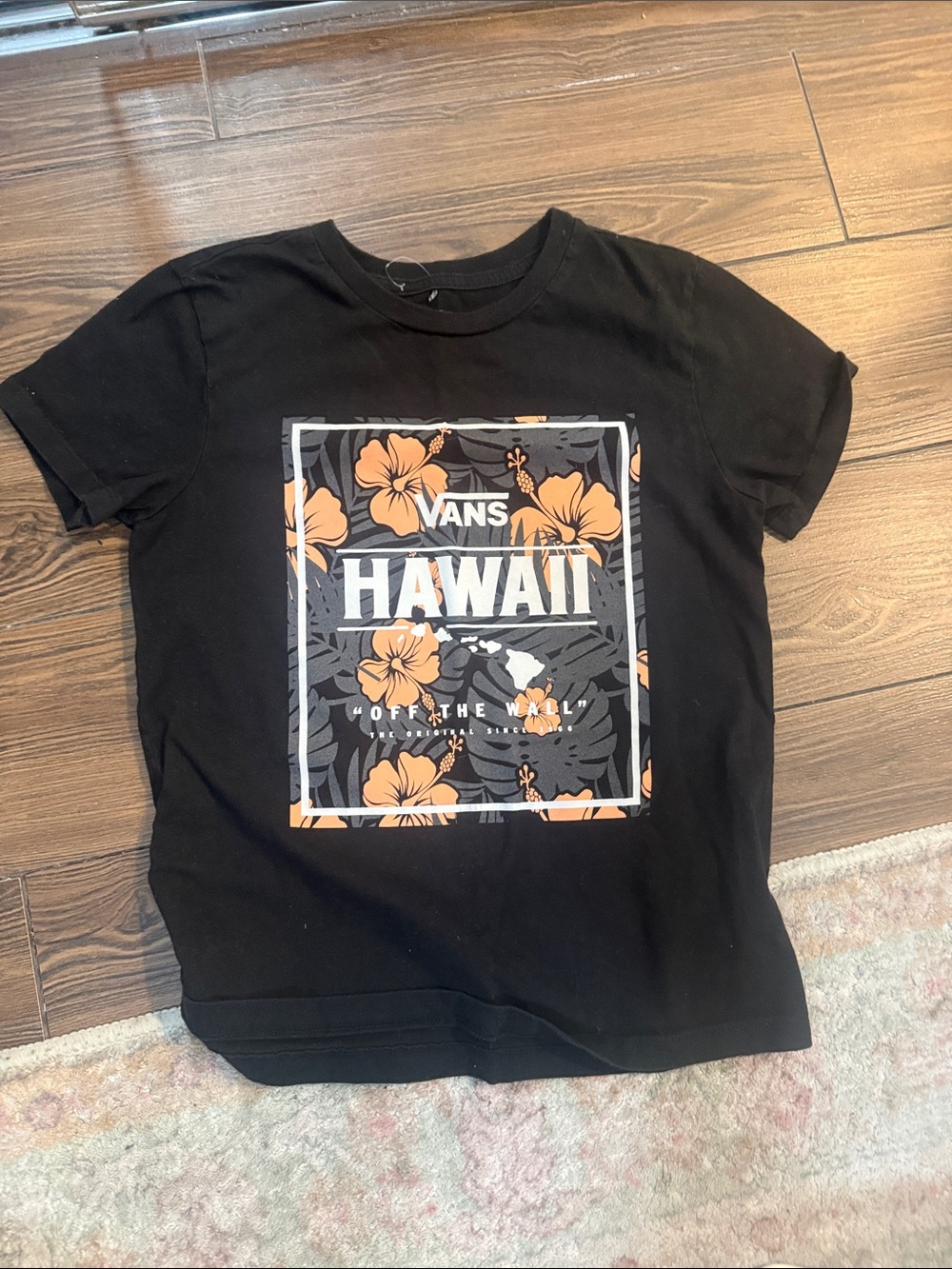 Vans Black Tee with Peach Floral Hawaii Graphic